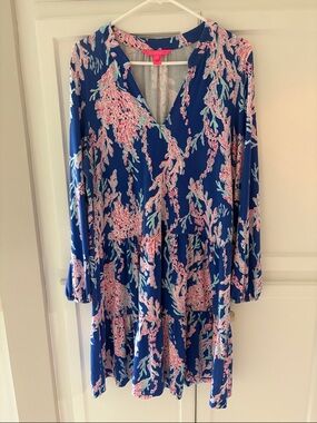 LILLY PULITZER Coral Print Women's Knit Tiered Dress Long Sleeves size L